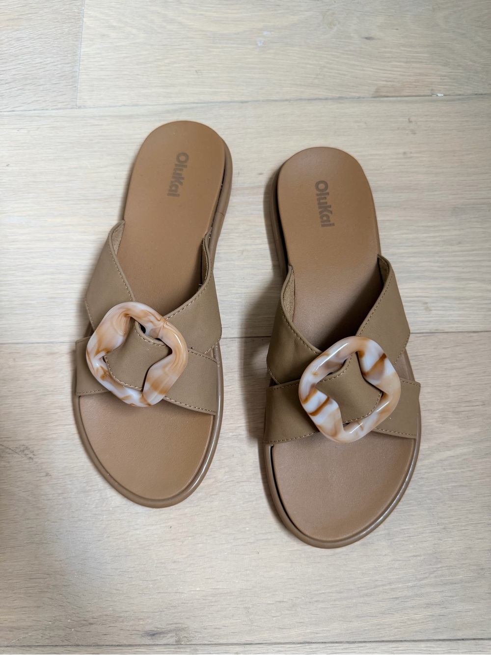 OluKai Tan Slide Sandals with Marbled Buckle Accent